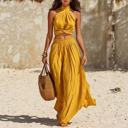 Women Halter Twist Crop Top & Elastic Waist Maxi Skirt Two‑Piece Set